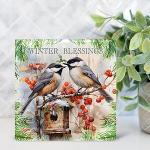 May include: Square decorative art print featuring two birds perched on a branch with red berries and a birdhouse. The words "WINTER BLESSINGS" are printed at the top. The artwork has a watercolor style with a winter theme.