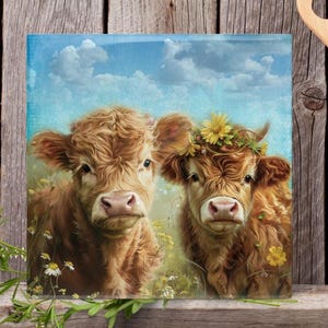 Highland Cow Couple Ceramic Tile with Daisies, Rustic Farmhouse Decor, Cute Cow Lover Gift, Floral Country Cottage Decor