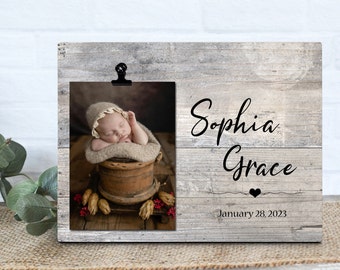 New Baby Personalized Picture Display Custom New Parents Frame with Baby's Name and Date of Birth Holds 4x6 inch photo