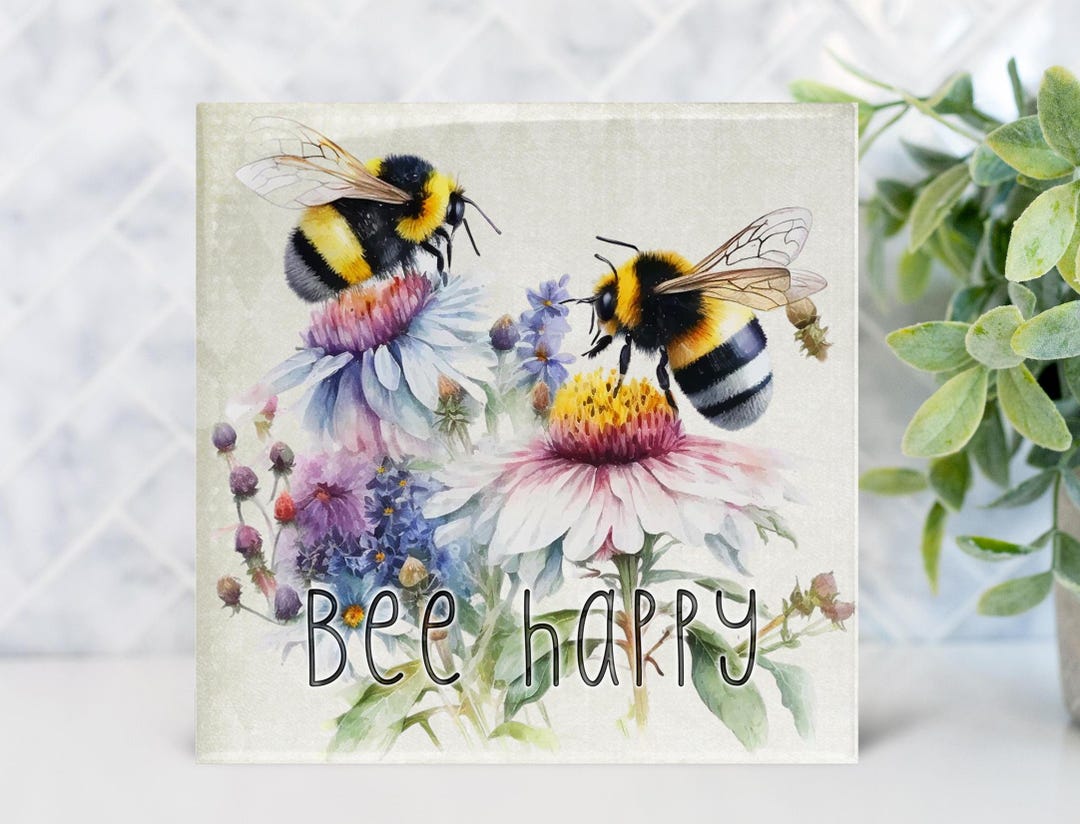 Bee Happy Ceramic Tile Decor: Honey Bee Floral Display - Etsy