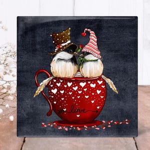 Chickadee Love Ceramic Tile, Bird Couple Teacup Decor