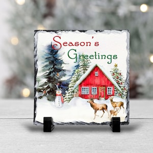 Seasons Greetings Slate Tile, Winter Deer Country Christmas Decor with Snowman