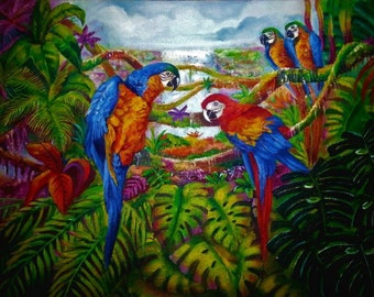 Macaws in paradise, Original Painting on Canvas, handmade wall decor Art, bird art, Art for homes, Art Gifts, gifts , christmas, nursery