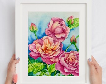 Original Pink Roses Watercolor Painting, Floral Botanical Art (8x10 inch)