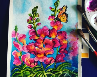 Snapdragons Watercolor Painting, Original Floral Art (8x10 inch)