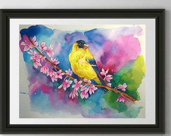 Finch Watercolor Painting: Original Bird Art, Framed (11x15 inch)