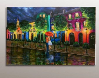 Charleston Impressionist Acrylic Painting, Rainbow Row Couple, 24x36 Gallery Wrapped Canvas