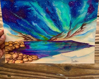 Framed Northern Lights Watercolor Painting, Iceland Aurora Art