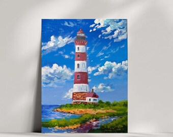 Michigan Lighthouse Painting: Original Seascape Acrylic Art (7x5 in)