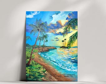 Peinture à l'huile représentant une plage de palmiers à Hawaï, art mural côtier (8x10)