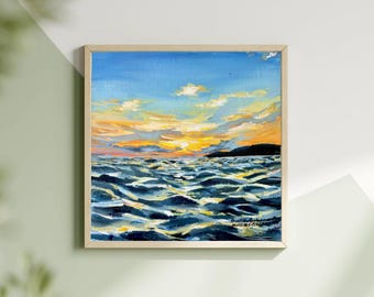 Seaside Waves Painting | Original Acrylic Art, 6x6 Mini Canvas
