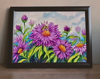 Original Purple Asters Watercolor Painting, Botanical Wall Art (11x15)