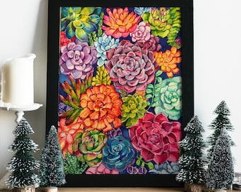 Original Succulents Watercolor Painting, Botanical Home Decor