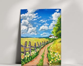 Original Acrylic Countryside Painting, Rural Barn, Meadow Wildflowers