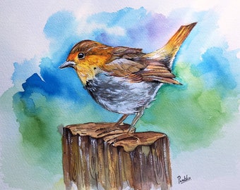 Original Robin Bird Watercolor Painting, Nursery Wall Art