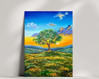Original Sunset Tree Painting: Inspirational Framed Art (10x8 in)