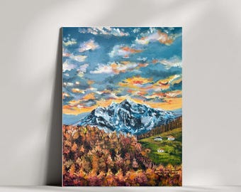 Grand Teton Acrylic Painting on Canvas, Evergreen Forest Scenery, 8x10