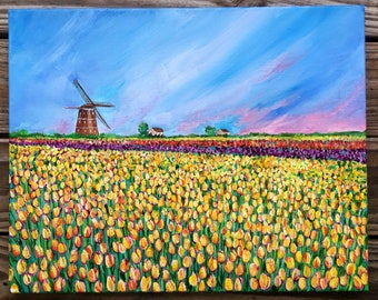 Tulip Field Original Painting, Palette Knife Acrylic, Holland Windmill Landscape