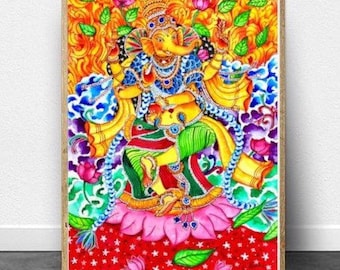 Dancing Ganesha Watercolor Painting, Intricate Hindu Mural Art