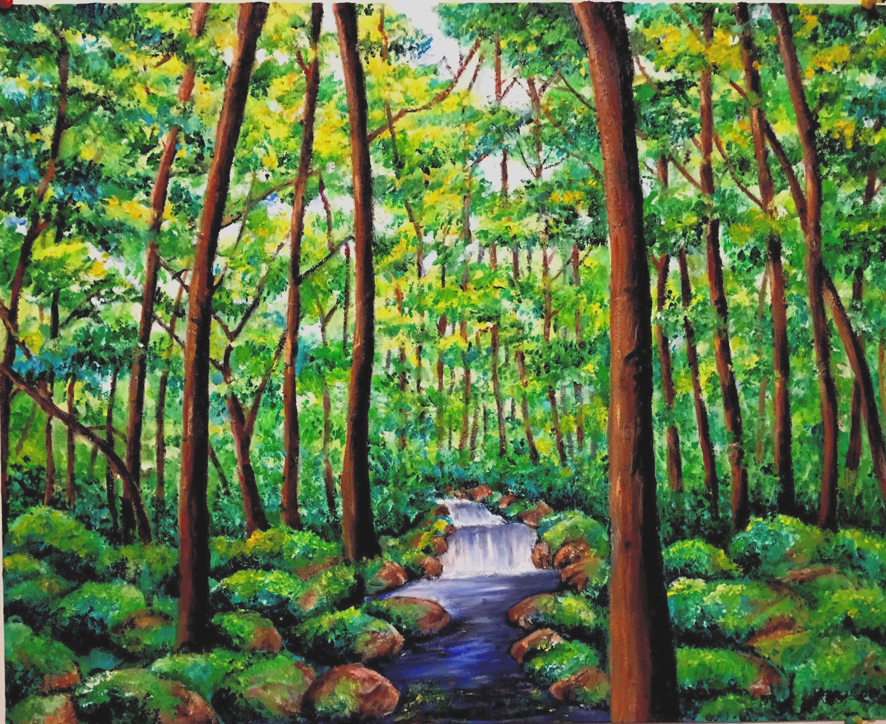 Original Oil Painting on Canvas, Evergreen Forest Stream, Nature