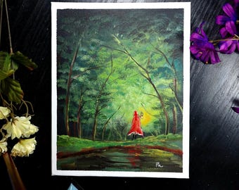 Original Acrylic Painting: Girl in Red Cloak, Mystical Forest (8x12)