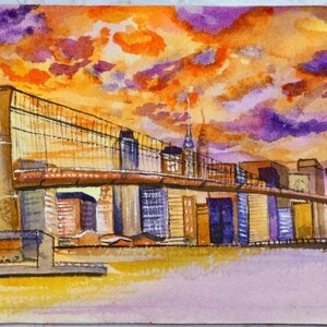 New York city brooklyn bridge wall Art Original watercolor Painting Christmas gift Mothers Day gift. Unique one of a kind painting