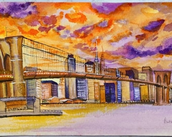 New York city brooklyn bridge wall Art Original watercolor Painting Christmas gift Mothers Day gift. Unique one of a kind painting