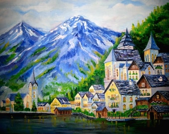 Original Palette Knife Painting, European Mountain Landscape, Acrylic on Canvas