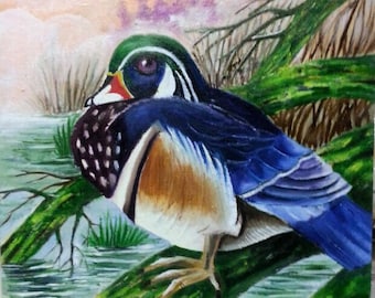 Wood Duck Acrylic Painting, Palette Knife Bird Art, Colorful Home Decor
