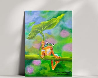 Frog Painting: Colorful Impasto Art, Original Canvas Animal Wall Decor