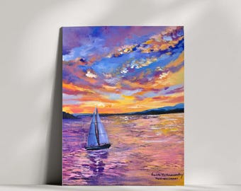 Sunset Sailboat Painting: Coastal Seascape Art, 10x8 Acrylic on Canvas