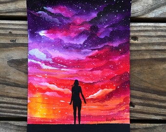 Original Galaxy Watercolor Painting, Inspirational Art, Woman Silhouette