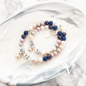 Mommy&Me Initial with Shell Pearl 925 Silver Heart Pendant Bracelet Personalized Gift Handmade Jewelry