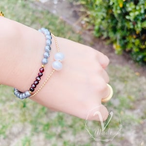 Jan Birthstone Garnet Freshwater Pearl Double lines Bracelet Personalized Gift Handmade Jewelry