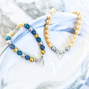 Mommy&Me Initial with Shell Pearl 925 Silver Mickey Mouse Pendant Bracelet Personalized Gift Handmade Jewelry