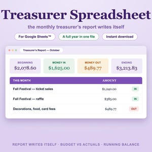 May include: A digital Treasurer Spreadsheet for Google Sheets with a purple header reading Treasurer Spreadsheet and the monthly treasurer's report writes itself. The interface displays a financial report for October with columns for beginning, money in, money out, and ending balances, plus a detailed list of transactions.