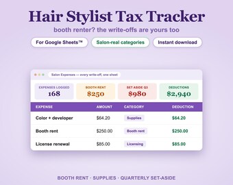 Steuer-Tracker für Friseure in Google Sheets™ | Ausgabenübersicht für Stuhlmieter, Saloneinnahmen + Kilometerprotokoll