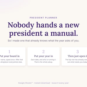 President Planner for Google Sheets, a PTA and PTO president's planner, set up in three steps: put your board in, put your year in, then open it and read the top row.