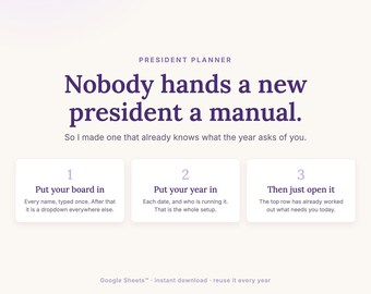 PTA President Planner for Google Sheets™, PTO Board Organizer, Officer Roster, Meeting Agenda, Event Budget + Handover Tracker