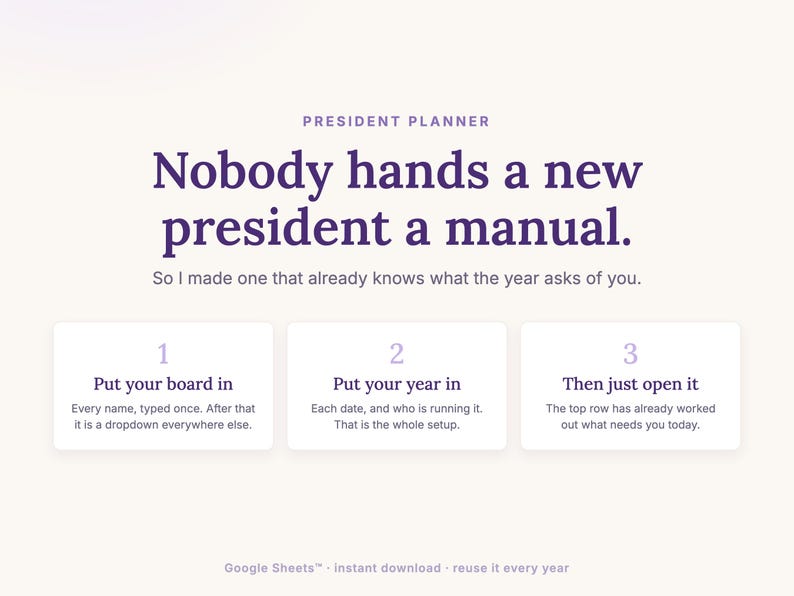 President Planner for Google Sheets, a PTA and PTO president's planner, set up in three steps: put your board in, put your year in, then open it and read the top row.