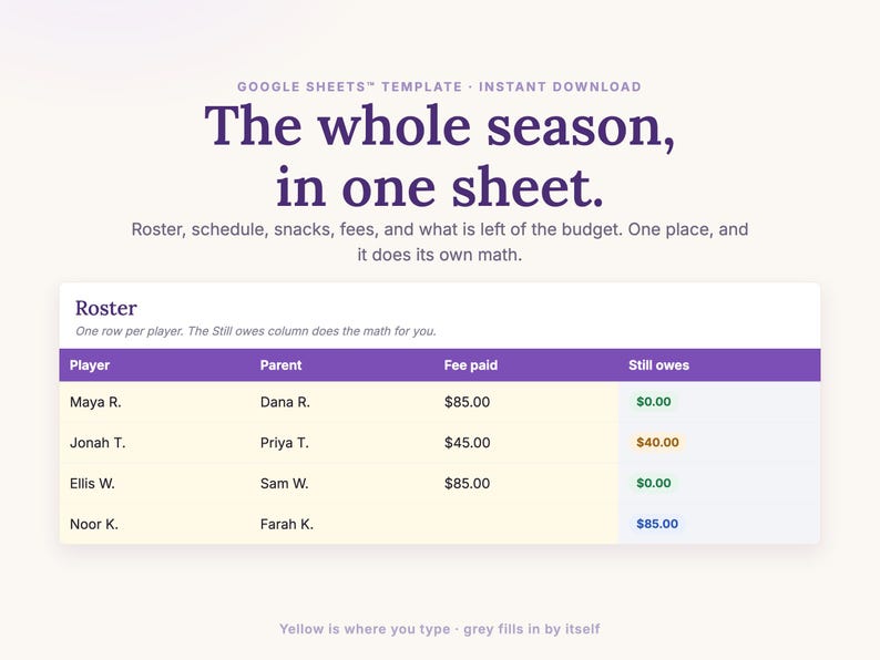 Team Manager Spreadsheet for Google Sheets: the roster with fee paid and a Still owes column that does the math