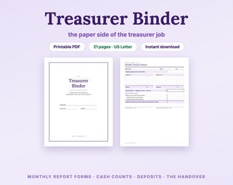 Treasurer Binder Printable, Monthly Report Forms + Budget Worksheets for PTA PTO & Booster Club Treasurers, Cash Count Sheet (Letter PDF)