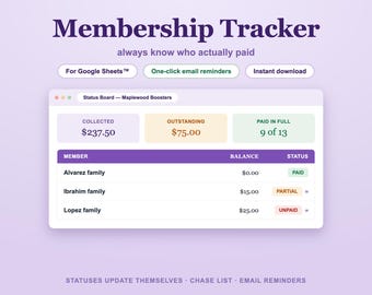 Mitgliedsbeitragsübersicht für Google Sheets™, PTA-Tabelle mit Mitgliederliste, Zahlungsstatusanzeige + Nachverfolgungsliste für PTO-Förderverein/HOA