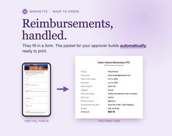Système de remboursement personnalisé pour Google Sheets™, formulaire de dépenses du trésorier de l'association de parents d'élèves (APE), dossiers d'approbation PDF + téléchargement des reçus, sur mesure