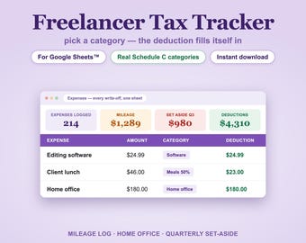 Google Sheets Belastingtracker voor freelancers | Onkostenregistratie, kilometervergoeding, thuiskantoor (digitale download)