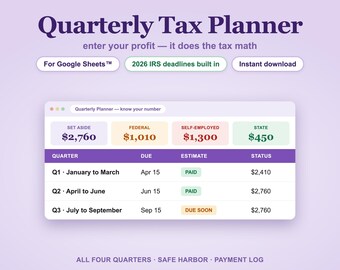 Vierteljährlicher Steuerrechner für Google Sheets™ | Steuerplaner für Freiberufler (1099), digitaler Download