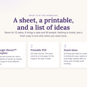 What is in the download: Google Sheets template, printable PDF, and snack ideas