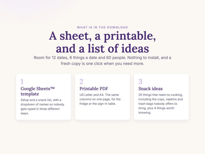 What is in the download: Google Sheets template, printable PDF, and snack ideas