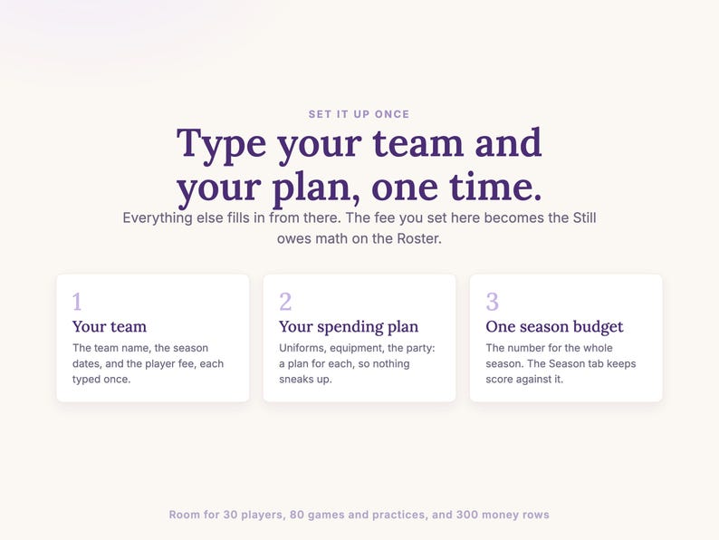 Set it up once on Settings: your team, your spending plan, and one season budget