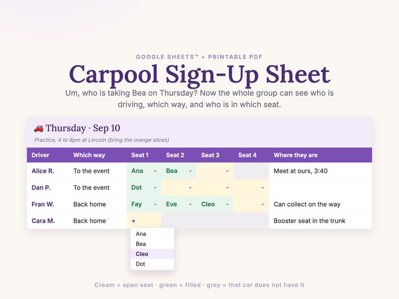 Carpool Sign-Up Sheet for Google Sheets: a carpool board for one day with a driver per row, which way they are going, colored seats and a pulldown of names to fill a seat